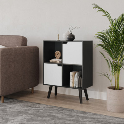 Urbn-Living Urbnliving 80Cm Height Black 4 Cube With White 2 Wooden Door Bookcase With Black Legs Shelves - image 1