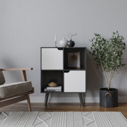 Urbn-Living Urbnliving 80Cm Height Black 4 Cube With White 2 Wooden Door Bookcase With Black Legs Shelves - thumbnail 2