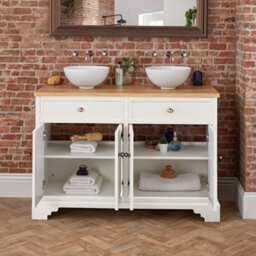 Homestylestore 1210mm Antique White And Oak Bathroom Vanity Unit With Round Countertop Basins And Bronze Round Handles - thumbnail 4