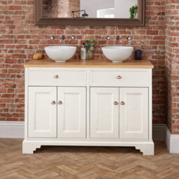 Homestylestore 1210mm Antique White And Oak Bathroom Vanity Unit With Round Countertop Basins And Bronze Round Handles - thumbnail 3
