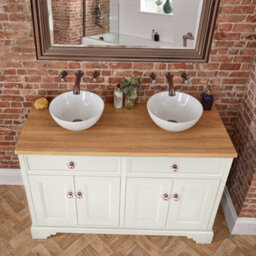 Homestylestore 1210mm Antique White And Oak Bathroom Vanity Unit With Round Countertop Basins And Bronze Round Handles - thumbnail 2