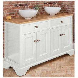 Homestylestore 1210mm Antique White And Oak Bathroom Vanity Unit With Round Countertop Basins And Bronze Round Handles