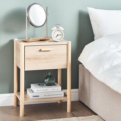 Beliani Bedside Table Light Brown Mdf Top Pine Wood Legs 1 Drawer 1 Shelf - image 1