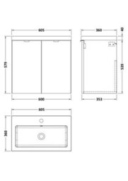 Hudson Reed Fusion Wall Hung 2 Door Vanity Unit & Polymarble Basin Compact, Sink Vanity Unit, Charcoal Black, 600mm - thumbnail 6
