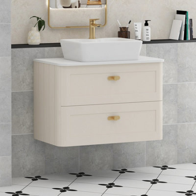Royal Bathrooms Royal Bathroom Henley 800mm Mushroom Cashmere Wall Hung Vanity Unit 2 Drawer With Cube Basin & Brushed Brass Knob - image 1