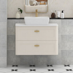 Royal Bathrooms Royal Bathroom Henley 800mm Mushroom Cashmere Wall Hung Vanity Unit 2 Drawer With Cube Basin & Brushed Brass Knob - thumbnail 7