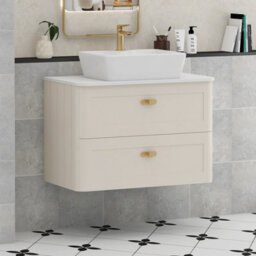Royal Bathrooms Royal Bathroom Henley 800mm Mushroom Cashmere Wall Hung Vanity Unit 2 Drawer With Cube Basin & Brushed Brass Knob - thumbnail 1