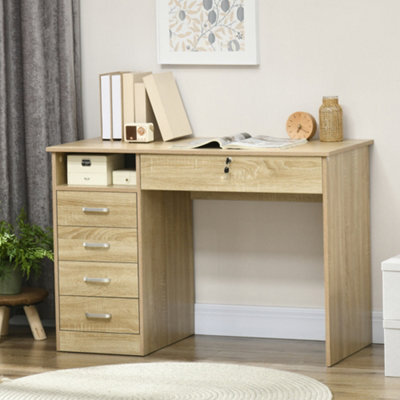 Homcom Computer Desk Writing Desk With Five Drawers For Home Office Oak - image 1