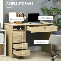 Homcom Computer Desk Writing Desk With Five Drawers For Home Office Oak - thumbnail 5