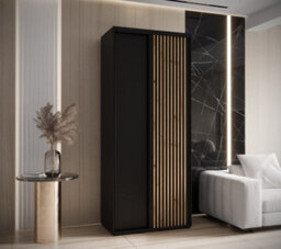 Arte Stylish Sapporo Sliding Door Wardrobe With Shelves And Hanging Rails - Black Matt (H)2050mm (W)1000mm (D)600mm - thumbnail 1