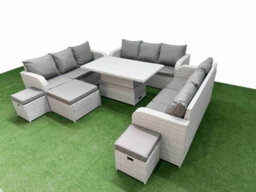 Fimous 12 Seater Outdoor Garden Furniture Set Adjustable Lifting Dining Or Coffee Table 3 Seater Sofa 3 Stools Light Grey - thumbnail 2