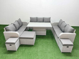 Fimous 12 Seater Outdoor Garden Furniture Set Adjustable Lifting Dining Or Coffee Table 3 Seater Sofa 3 Stools Light Grey - thumbnail 1