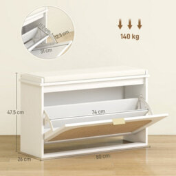 Wyld Haus Kekami Wooden White Boho Shoe Storage Bench With Cushioned Seat And Flip Drawer, 80 X 26 X 47.5 Cm - thumbnail 3