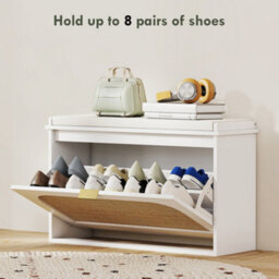 Wyld Haus Kekami Wooden White Boho Shoe Storage Bench With Cushioned Seat And Flip Drawer, 80 X 26 X 47.5 Cm - thumbnail 6