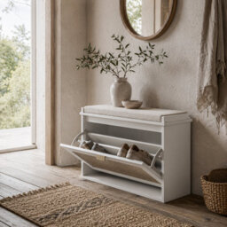 Wyld Haus Kekami Wooden White Boho Shoe Storage Bench With Cushioned Seat And Flip Drawer, 80 X 26 X 47.5 Cm
