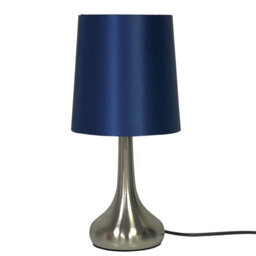 Navilux Chrome Teardrop Touch Table Lamp With Navy Faux Silk Shade 4 Stage Dimmable Led Compatible For Bedroom Or Living Room
