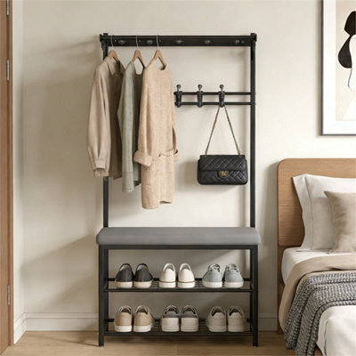 Black Entryway Hallway Coat Hanger Hooks Stand & Shoe Bench Storage Display Rack Unit - image 1