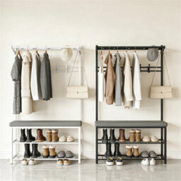 Black Entryway Hallway Coat Hanger Hooks Stand & Shoe Bench Storage Display Rack Unit - thumbnail 6