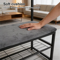 Black Entryway Hallway Coat Hanger Hooks Stand & Shoe Bench Storage Display Rack Unit - thumbnail 2