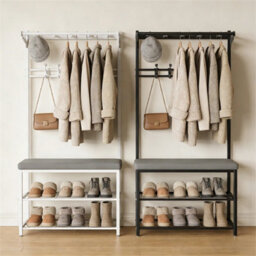 Black Entryway Hallway Coat Hanger Hooks Stand & Shoe Bench Storage Display Rack Unit - thumbnail 3