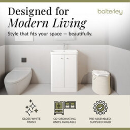 Balterley Flashbrook Modern Bathroom Floor Standing 2 Door Vanity Unit Basin, Gloss White, 605mm - thumbnail 3