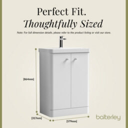 Balterley Flashbrook Modern Bathroom Floor Standing 2 Door Vanity Unit Basin, Gloss White, 605mm - thumbnail 5