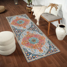Livabliss Floransa-Vintage Orange Blue Pink Cream Traditional Boho Living Dining Bedroom Rug 80 X 220 Cm Easy Care, Non Shedding - thumbnail 2