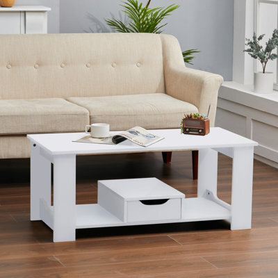 Living And Home White Wooden 1 Drawer Coffee Table W 100 Cm X D 48 Cm X H 42 Cm - image 1