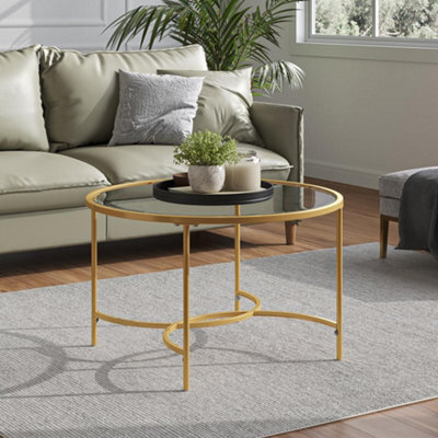 Darphe Modern Round Tempered Glass Coffee Table Gold Metal Frame 80Cm Dia 43Cm High - image 1