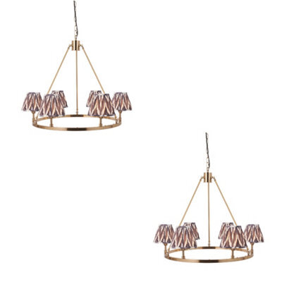 Loops Elegant 2 Pack Of Adjustable Hanging Pendant Lights In Aged Brass And Pearl Grey Fabric - image 1