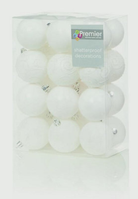 Premier 24 Pack Shatter-Proof Christmas Baubles Multi-Finish - White