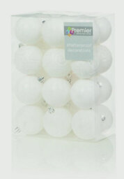 Premier 24 Pack Shatter-Proof Christmas Baubles Multi-Finish - White