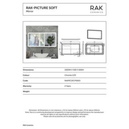 RAK Ceramics Rak Picture Soft 1000X600 Chrome Rectangular Led Illuminated Bathroom Mirror With Touch Sensor & Demister - thumbnail 2