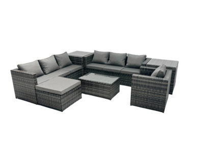 Fimous Rattan Garden Furniture Dining Set 8-Seater Patio Coffee Table Sofa Set With Big Stool 2 Side Tables Dark Grey Mixed - image 1