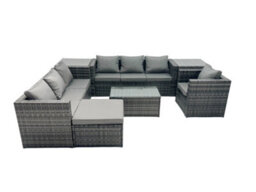Fimous Rattan Garden Furniture Dining Set 8-Seater Patio Coffee Table Sofa Set With Big Stool 2 Side Tables Dark Grey Mixed - thumbnail 2