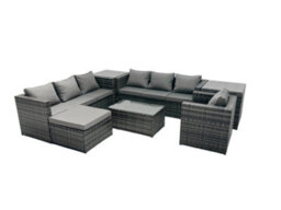 Fimous Rattan Garden Furniture Dining Set 8-Seater Patio Coffee Table Sofa Set With Big Stool 2 Side Tables Dark Grey Mixed - thumbnail 1