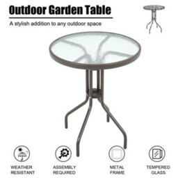 Living And Home Brown Modern Round Metal Garden Table With Tempered Glass Tabletop 60Cm - thumbnail 2
