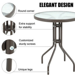 Living And Home Brown Modern Round Metal Garden Table With Tempered Glass Tabletop 60Cm - thumbnail 5