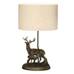 Elegant Stag & Fawn Table Lamp With Natural Hessian Shade And Led Bulb