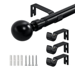 Shopnbits Black Extendable Curtain Pole Set 160 To 310Cm 28mm Heavy Duty Metal Rod Ball Finials Rings Brackets - thumbnail 2