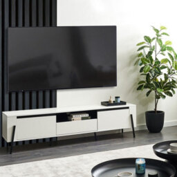 Wyld And Coco White Tv Stand With Industrial Metal Legs, Two Cabinets And Drawer, Supports Up To 75-Inch Tvs - thumbnail 2