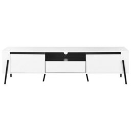Wyld And Coco White Tv Stand With Industrial Metal Legs, Two Cabinets And Drawer, Supports Up To 75-Inch Tvs - thumbnail 1