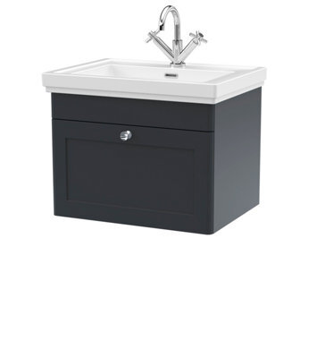 Balterley Swynnerton Traditional Bathroom Wall Hung 1-Drawer Vanity Unit & Fireclay Basin, Dark Grey, 600mm - image 1
