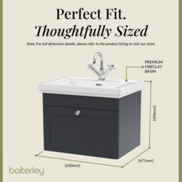 Balterley Swynnerton Traditional Bathroom Wall Hung 1-Drawer Vanity Unit & Fireclay Basin, Dark Grey, 600mm - thumbnail 5