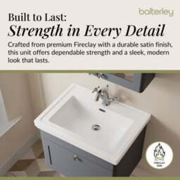 Balterley Swynnerton Traditional Bathroom Wall Hung 1-Drawer Vanity Unit & Fireclay Basin, Dark Grey, 600mm - thumbnail 4