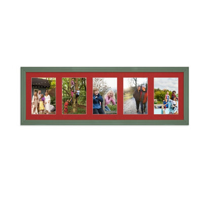 AK Frames 26X8 Green Classic Multi Photo Frame With Crimson Mount - Holds 5 Apertures (5X) 6X4 Photos - image 1
