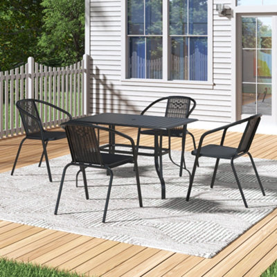 Thehotsale 120Cm L Garden Metal Slatted Coffee Table With Four Rattan Chairs Outdoor Rectangle Table In Black