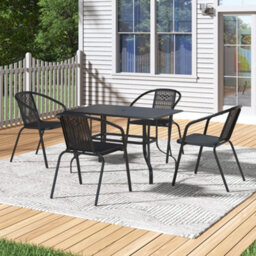 Thehotsale 120Cm L Garden Metal Slatted Coffee Table With Four Rattan Chairs Outdoor Rectangle Table In Black - thumbnail 1