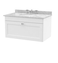 Balterley Swynnerton Traditional 1 Drawer Wall Hung Vanity Unit With Marble Basin, Satin White, 800mm - thumbnail 1