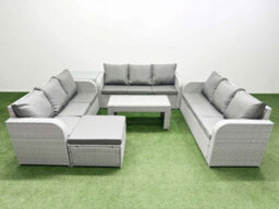 Fimous Pe Rattan Lounge Sofa Set 10 Seater Outdoor Garden Furniture Set Oblong Coffee Table Big Footstool Side Table Light Grey - thumbnail 1